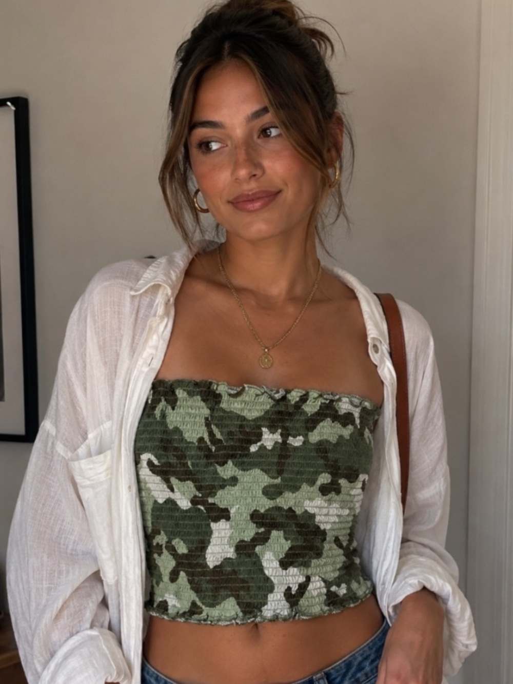 Fashion Nova Olive Green Camo Smocked Tube Crop Top MEDIUM